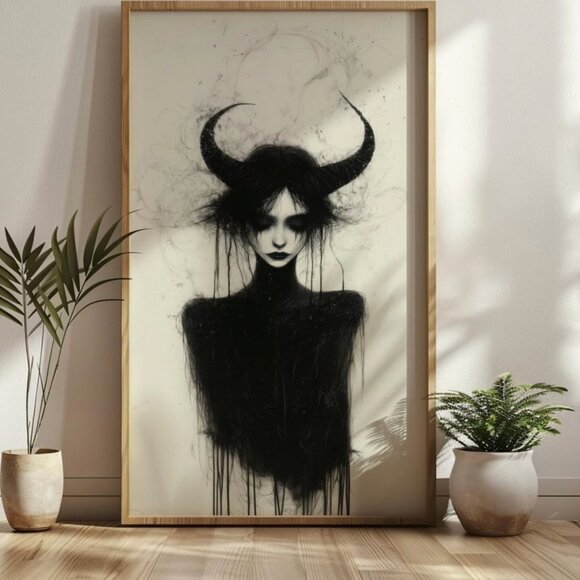 Original Girl With Horns Art Print + Digital Copy, Paint Drip Sketch - Picture 7 of 8